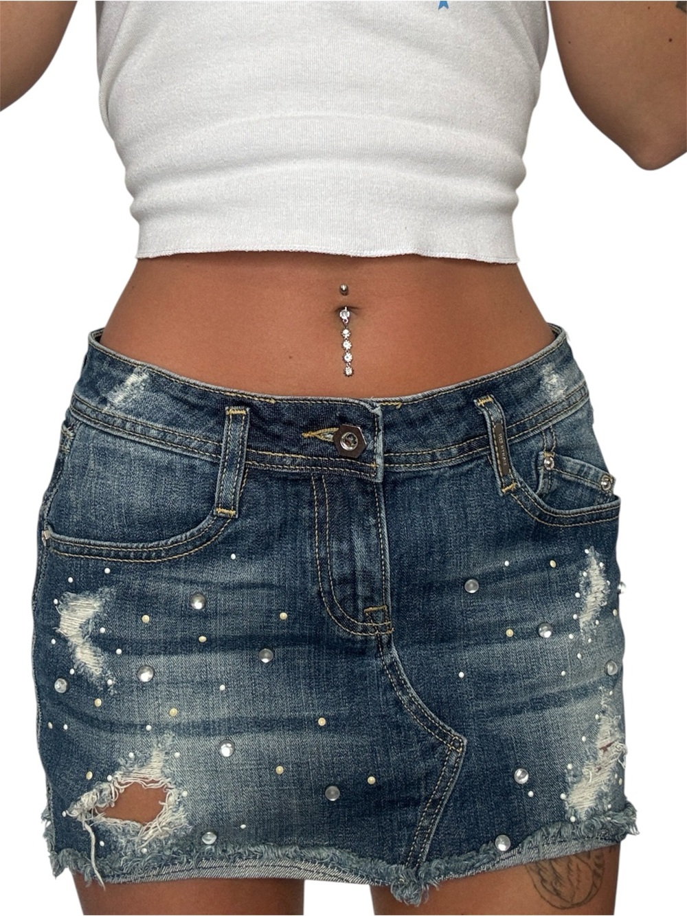 Y2K Denim Pearl-Accent Distressed Mini Skirt - Blue